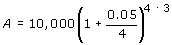 A = 10,000(1 + 0.05/4)raised to the 4x3 power