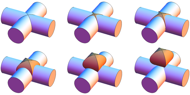 Six images showing the progressive lifting out of the volume of intersection of two perpendicular cylinders. 