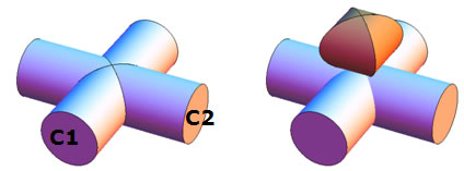 two intersecting cylinders and the volume of intersection being lifted out