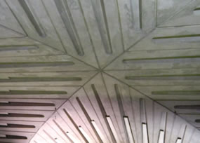 view of two intersecting cylinders in the roof of the Metro Center in Washington, D.C.